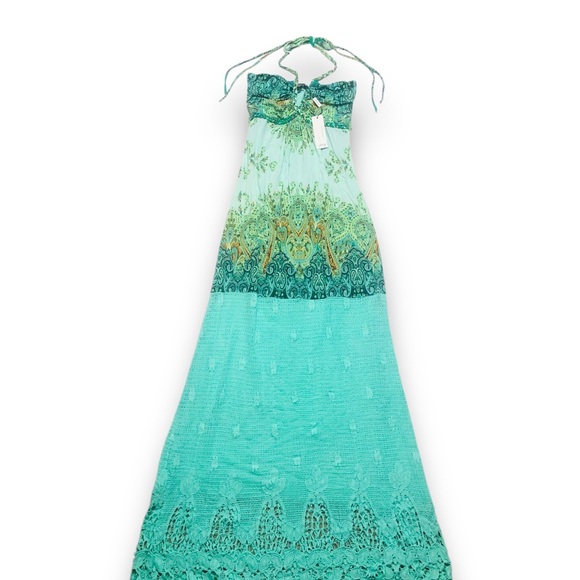 Sky Green Gold Embellished Strapless Maxi Sundress - Picture 1 of 4